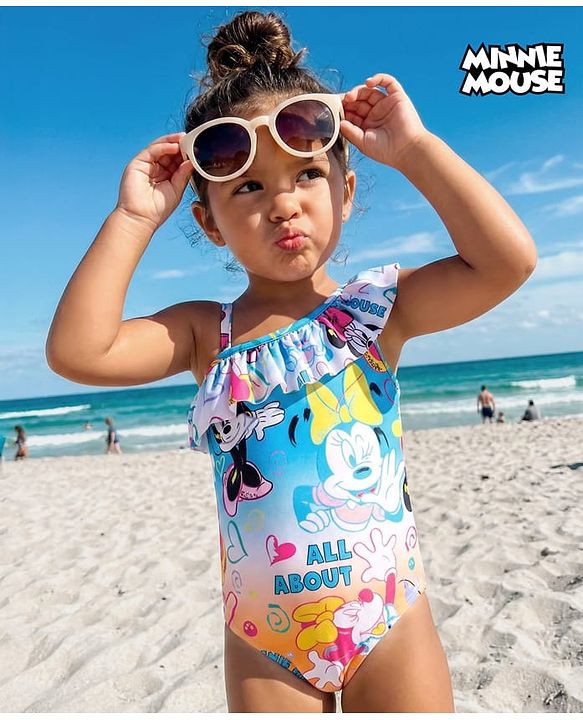 Babyhug Disney  One Shoulder Sleeve V Cut Swimsuit with Minnie Mouse  Print - Multicolour