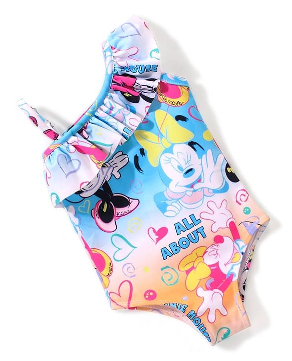 Babyhug Disney  One Shoulder Sleeve V Cut Swimsuit with Minnie Mouse  Print - Multicolour