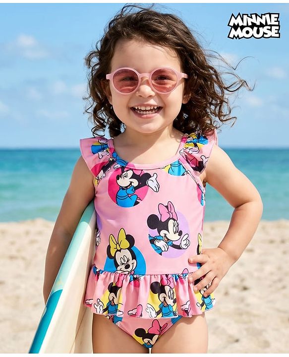Babyhug Disney Flutter Sleeves  Frock Swimsuit with Minnie Mouse  Print - Pink