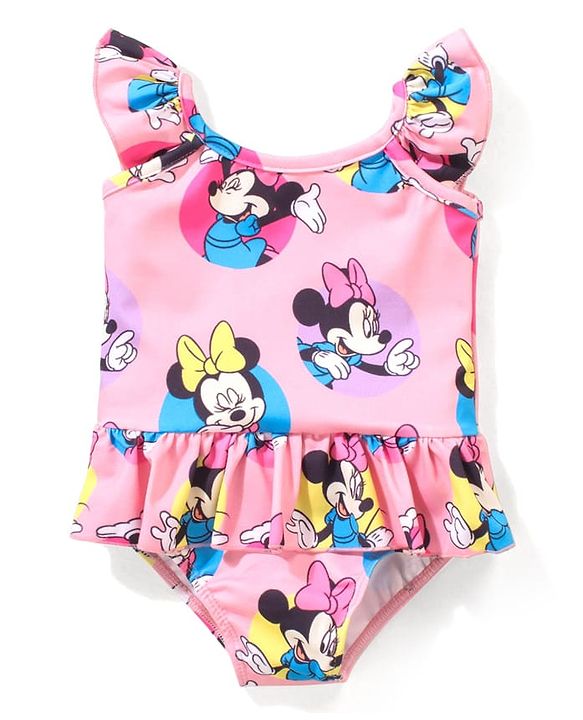 Babyhug Disney Flutter Sleeves  Frock Swimsuit with Minnie Mouse  Print - Pink