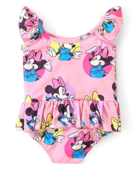 Babyhug Disney Flutter Sleeves  Frock Swimsuit with Minnie Mouse  Print - Pink