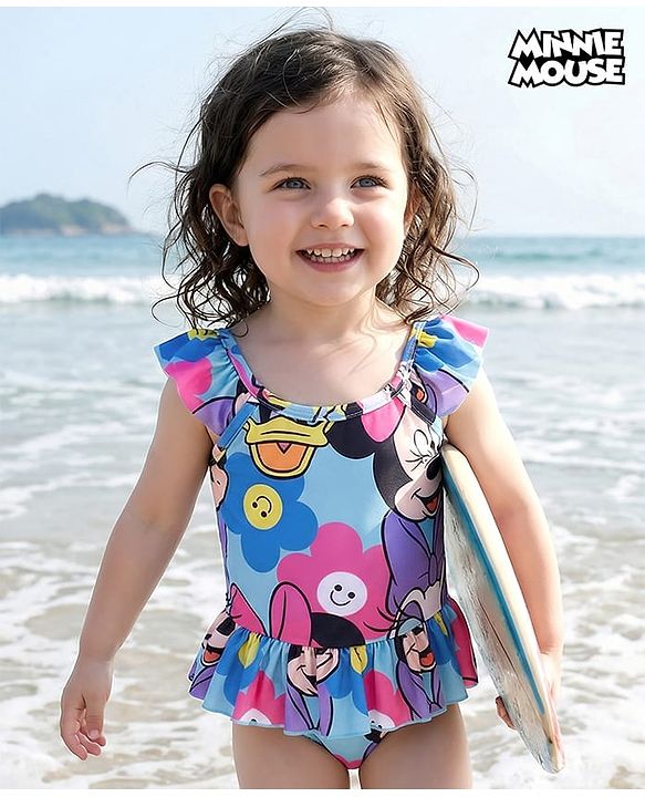 Babyhug Disney  Flutter Sleeves Frock Swimsuit with Minnie Mouse Family  Print - Multicolour