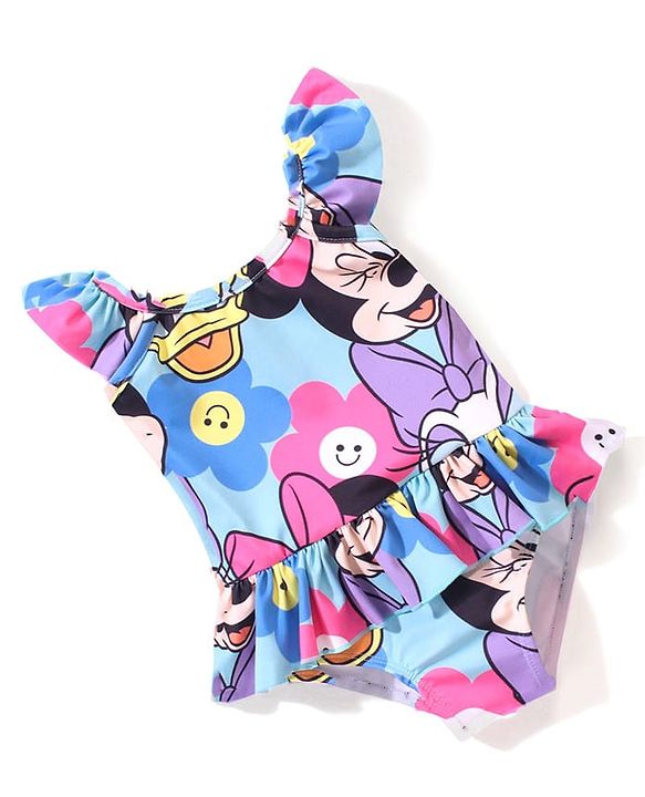 Babyhug Disney  Flutter Sleeves Frock Swimsuit with Minnie Mouse Family  Print - Multicolour