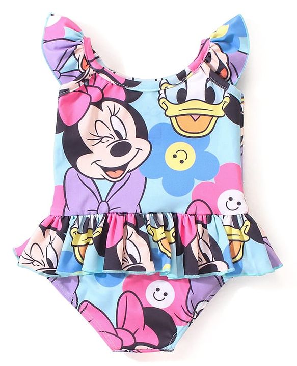 Babyhug Disney  Flutter Sleeves Frock Swimsuit with Minnie Mouse Family  Print - Multicolour