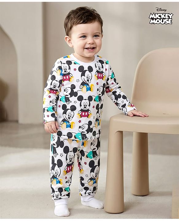 Babyhug Disney Single Jersey Knit Full Sleeves Mickey Mouse Printed Night Suit - White