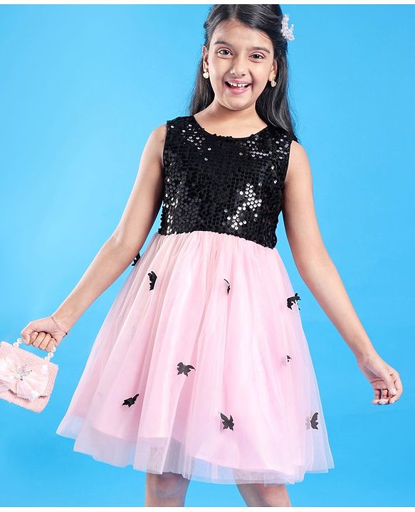 Pine Kids Woven Sleeveless Sequin Net Party Frock - Pink & Black