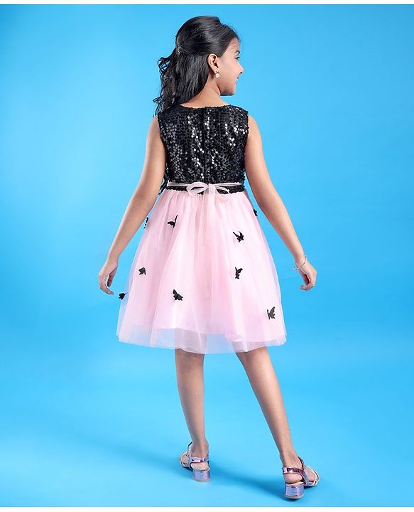 Pine Kids Woven Sleeveless Sequin Net Party Frock - Pink & Black