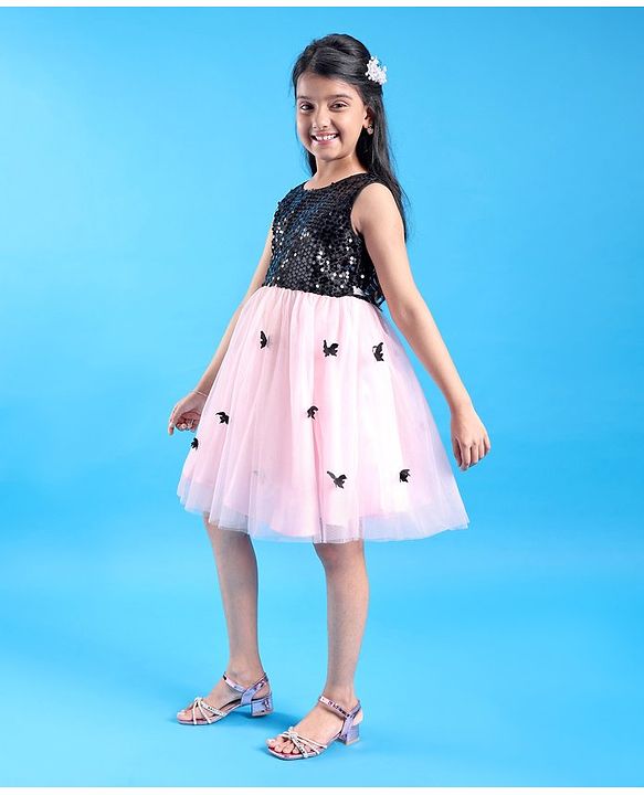 Pine Kids Woven Sleeveless Sequin Net Party Frock - Pink & Black