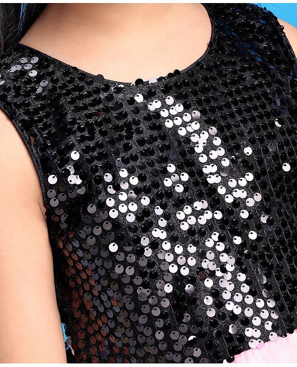 Pine Kids Woven Sleeveless Sequin Net Party Frock - Pink & Black