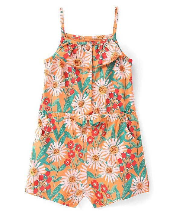 Babyhug Single Jersey Knit Singlet Sleeves Floral Print Jumpsuit with Bow Applique - Orange