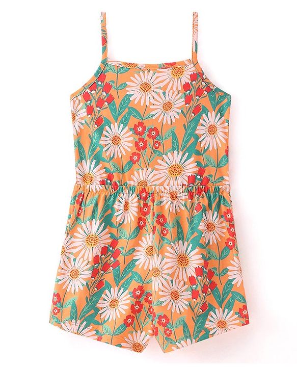 Babyhug Single Jersey Knit Singlet Sleeves Floral Print Jumpsuit with Bow Applique - Orange