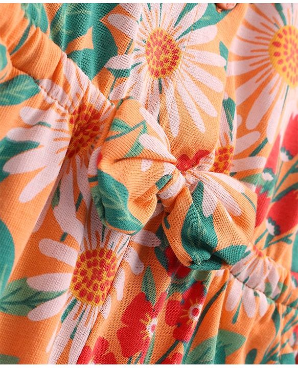 Babyhug Single Jersey Knit Singlet Sleeves Floral Print Jumpsuit with Bow Applique - Orange