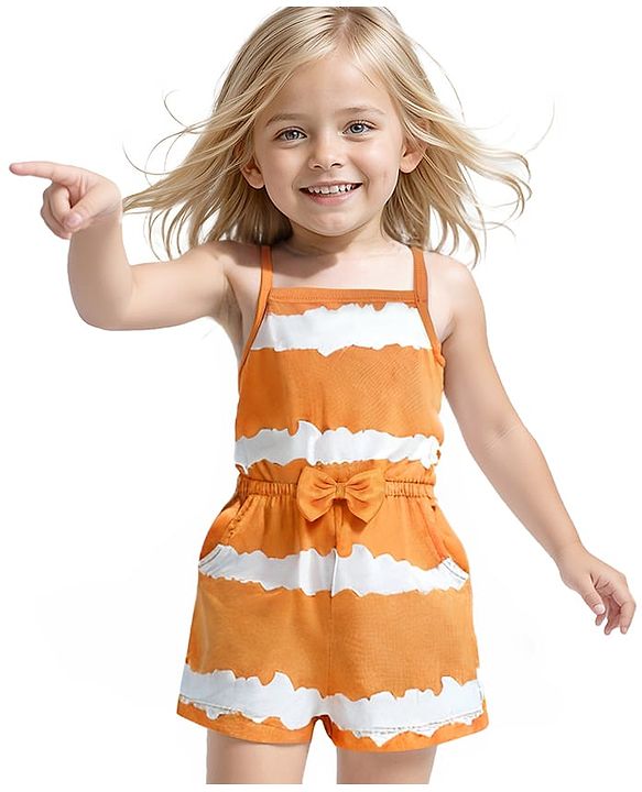 Babyhug Single Jersey Knit Singlet Sleeves  Striped  Jumpsuit with Bow & Pocket Detailing - Orange