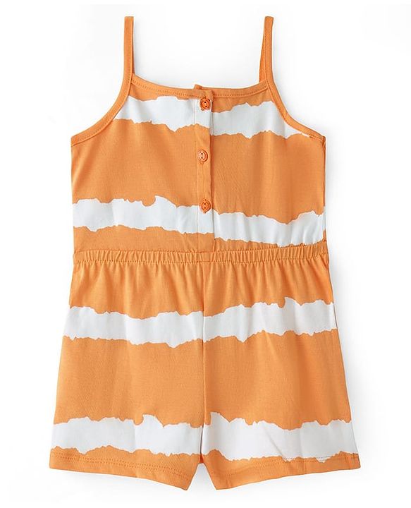 Babyhug Single Jersey Knit Singlet Sleeves  Striped  Jumpsuit with Bow & Pocket Detailing - Orange