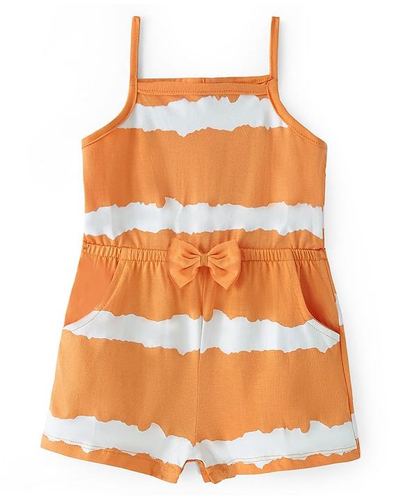Babyhug Single Jersey Knit Singlet Sleeves  Striped  Jumpsuit with Bow & Pocket Detailing - Orange