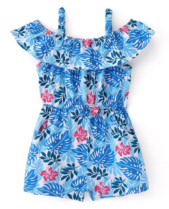 Babyhug Single Jersey Knit Cold Shoulder Sleeves Floral Print Jumpsuit with Frill Detailing - Blue