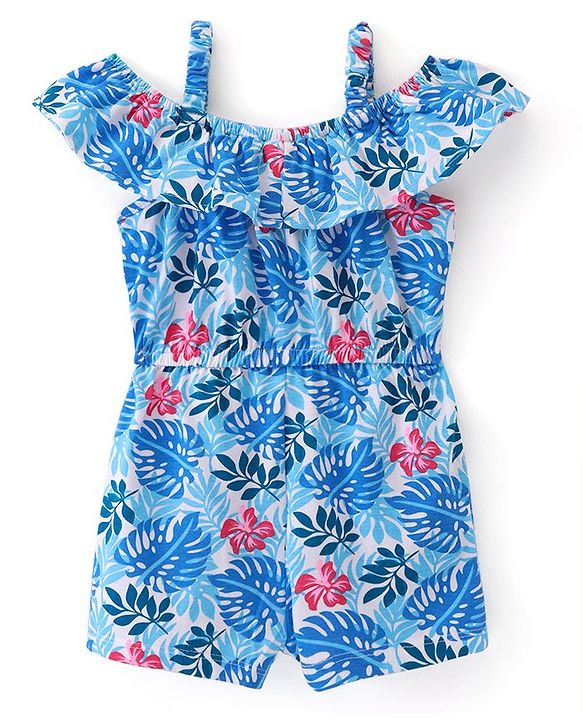 Babyhug Single Jersey Knit Cold Shoulder Sleeves Floral Print Jumpsuit with Frill Detailing - Blue