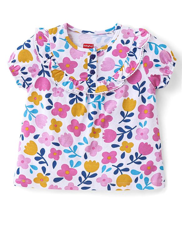 Babyhug Cotton Half Sleeves Top With Frills and All Over Floral Print - White