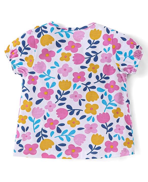 Babyhug Cotton Half Sleeves Top With Frills and All Over Floral Print - White