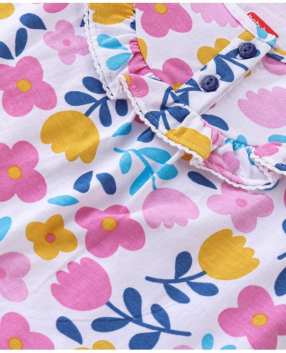 Babyhug Cotton Half Sleeves Top With Frills and All Over Floral Print - White