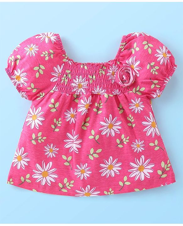 Babyhug Cotton Knit Half Puffed Sleeves Top Floral Print &  Applique With Smocking Detailing - Pink