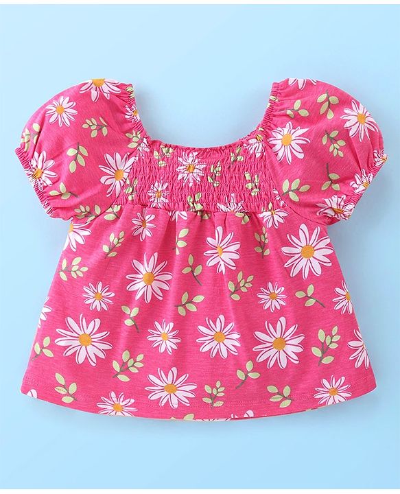 Babyhug Cotton Knit Half Puffed Sleeves Top Floral Print &  Applique With Smocking Detailing - Pink