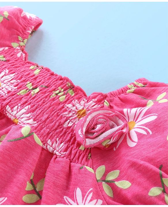 Babyhug Cotton Knit Half Puffed Sleeves Top Floral Print &  Applique With Smocking Detailing - Pink