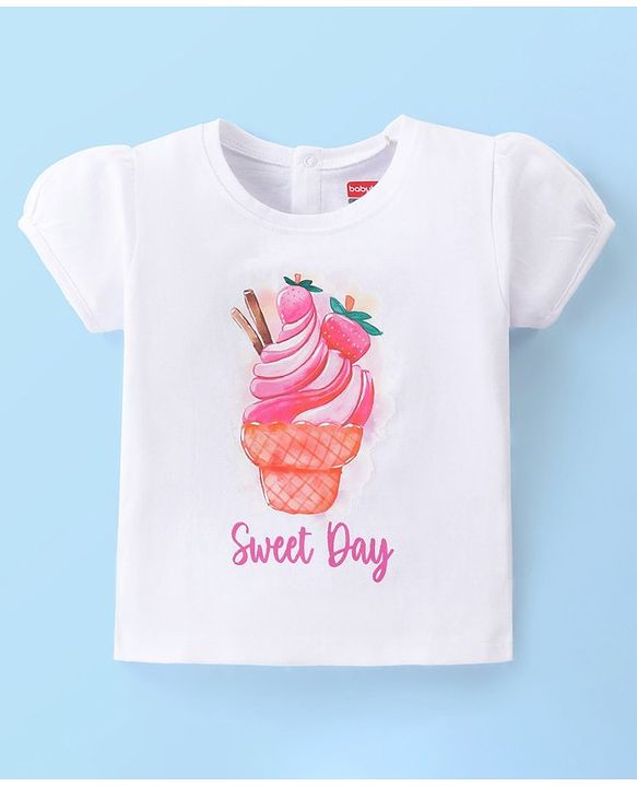 Babyhug Cotton Knit Half Sleeves T-Shirt with Ice Cream Print - White
