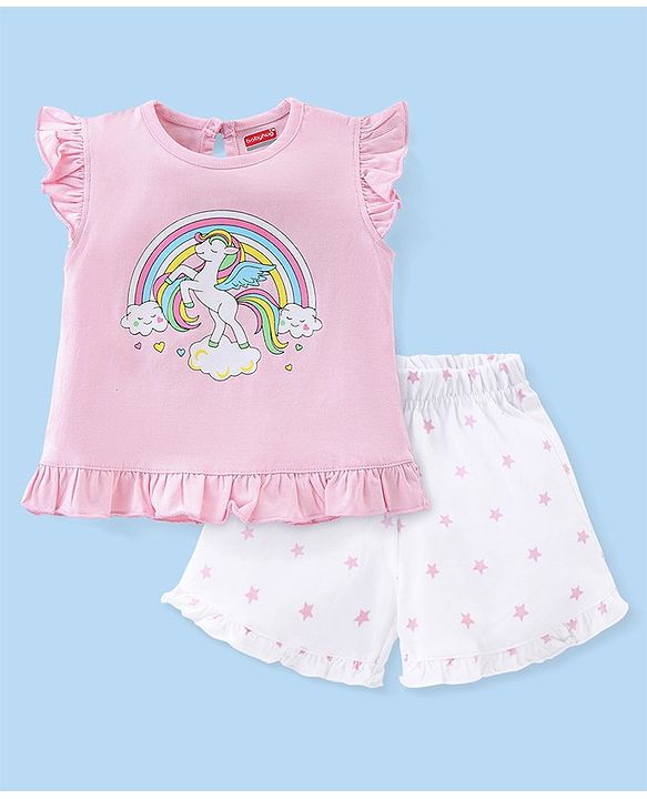 Babyhug Cotton Single Jersey Knit Sleeveless Night Suit Unicorn Print - Pink