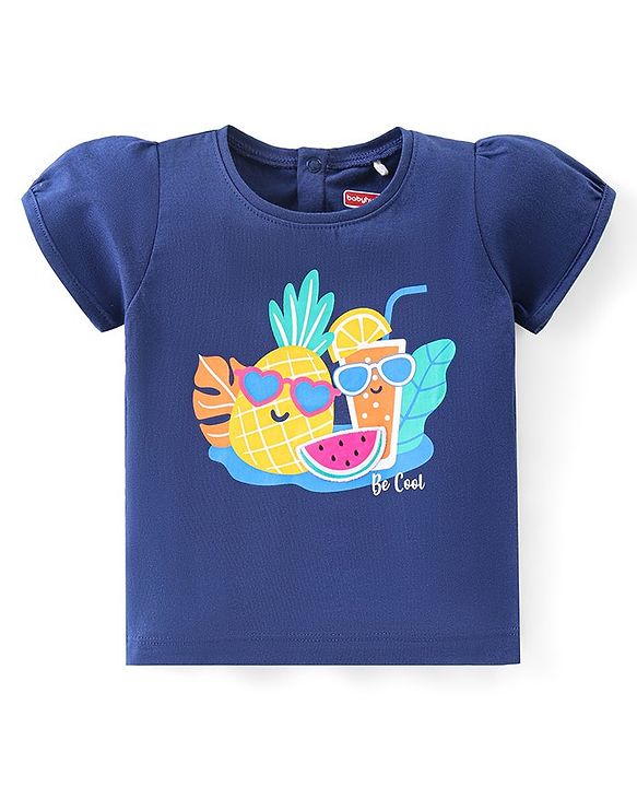 Babyhug Cotton Knit Half Sleeves Top with Pineapple  Graphics  - Navy Blue
