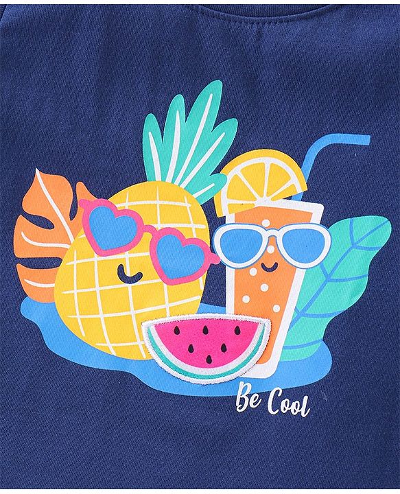 Babyhug Cotton Knit Half Sleeves Top with Pineapple  Graphics  - Navy Blue