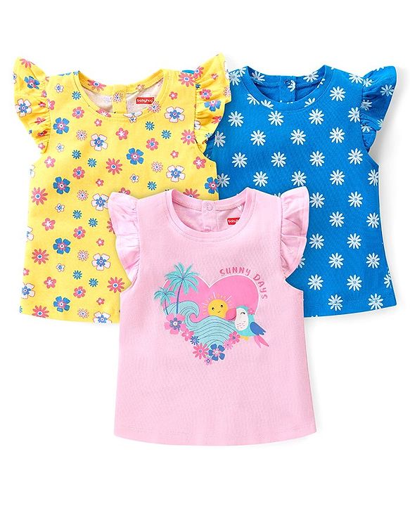 Babyhug 100% Cotton Knit Frill Sleeves Top with Frills & Floral Print Pack of 3 - Pink Yellow & Blue