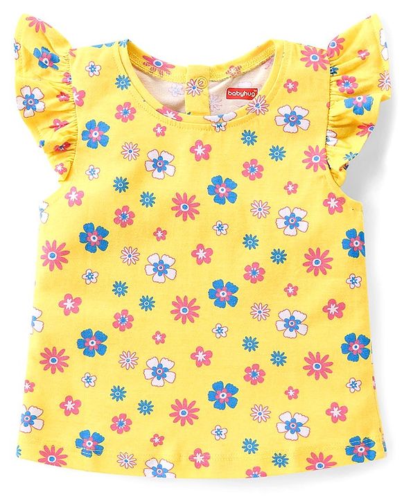 Babyhug 100% Cotton Knit Frill Sleeves Top with Frills & Floral Print Pack of 3 - Pink Yellow & Blue