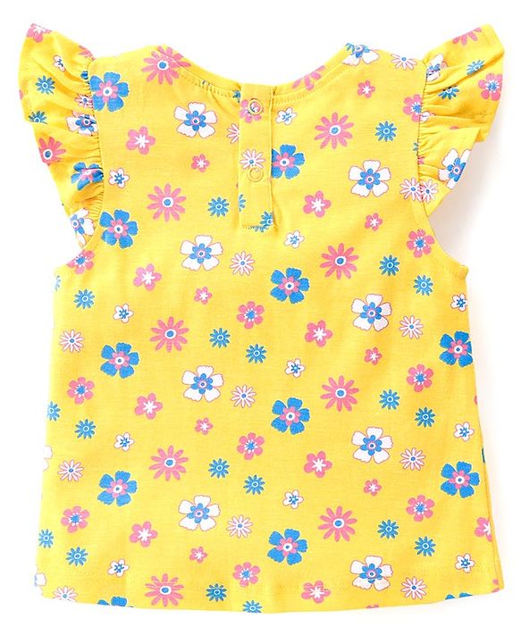 Babyhug 100% Cotton Knit Frill Sleeves Top with Frills & Floral Print Pack of 3 - Pink Yellow & Blue