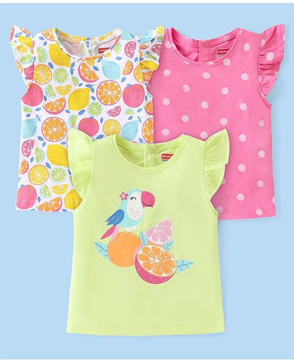 Babyhug Cotton Knit Frill Sleeves T-Shirts with Fruity Print Pack of 3 - Multicolour