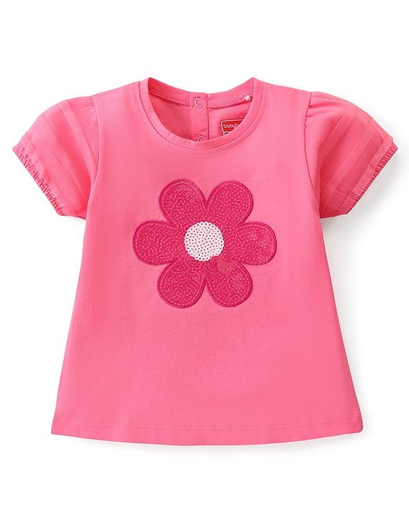 Babyhug  Cotton Knit Half Sleeves Top With Flower Graphics and Sequin Detailing - PInk