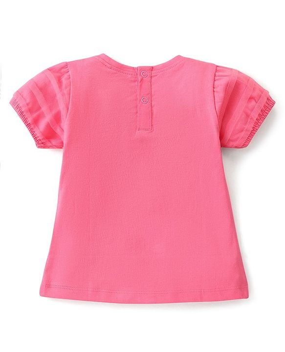 Babyhug  Cotton Knit Half Sleeves Top With Flower Graphics and Sequin Detailing - PInk