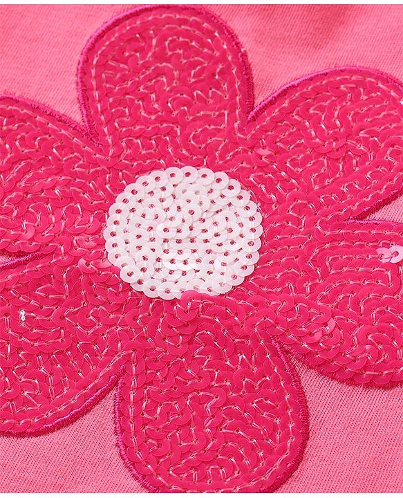 Babyhug  Cotton Knit Half Sleeves Top With Flower Graphics and Sequin Detailing - PInk
