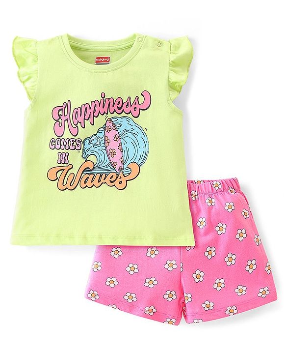 Babyhug Cotton Knit Single Jersey Frill Sleeves Night Suit With Text Print - Green & Pink