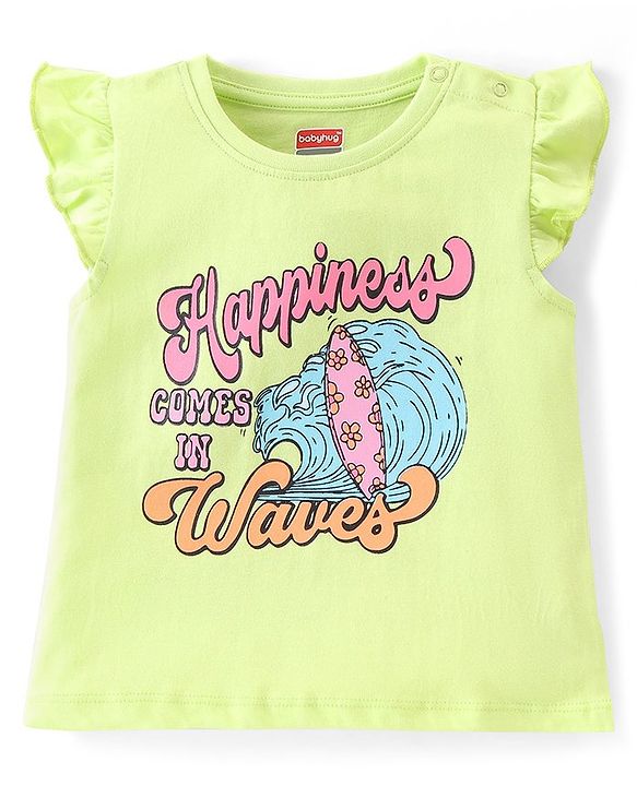 Babyhug Cotton Knit Single Jersey Frill Sleeves Night Suit With Text Print - Green & Pink