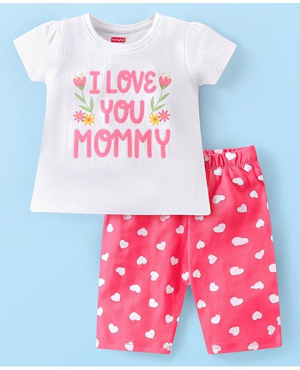 Babyhug Cotton Knit Half Sleeves Capri Night Suit With Text Print - White & Pink