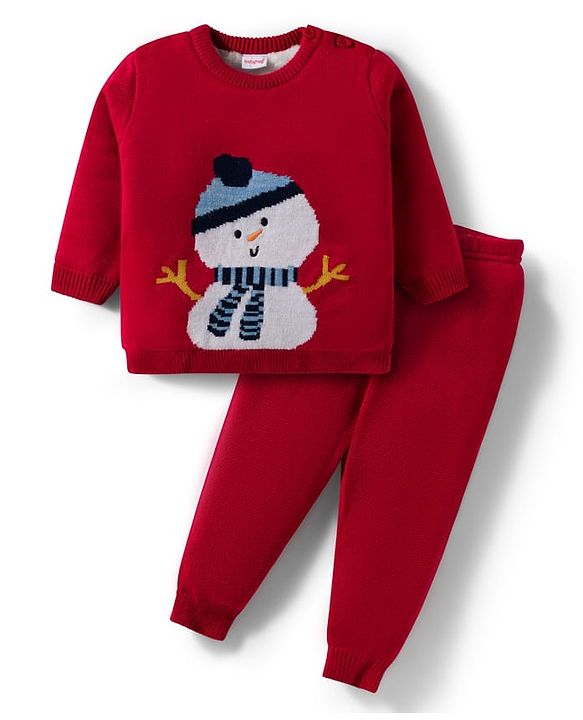 Babyhug Knitted Full Sleeves Sweater Set With Snowman Print - Red
