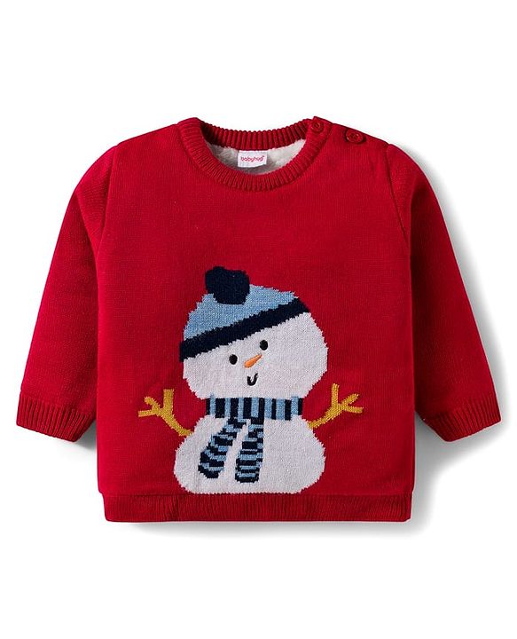 Babyhug Knitted Full Sleeves Sweater Set With Snowman Print - Red
