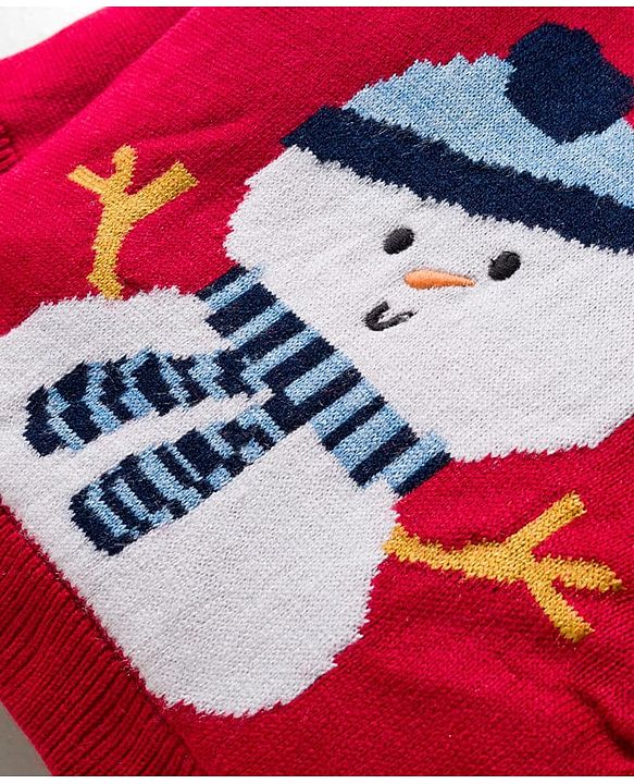 Babyhug Knitted Full Sleeves Sweater Set With Snowman Print - Red