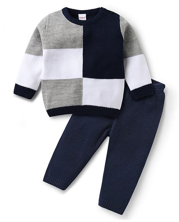 Babyhug Knitted Full Sleeves Sweater Set With Color Block Design - Navy Blue