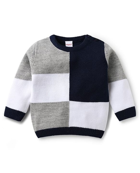 Babyhug Knitted Full Sleeves Sweater Set With Color Block Design - Navy Blue