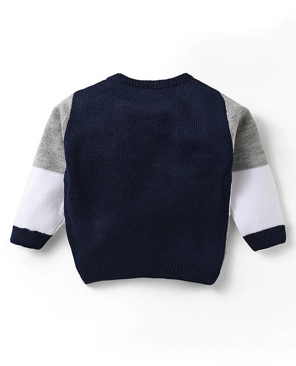 Babyhug Knitted Full Sleeves Sweater Set With Color Block Design - Navy Blue