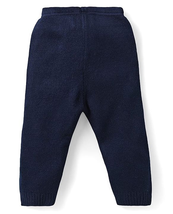 Babyhug Knitted Full Sleeves Sweater Set With Color Block Design - Navy Blue