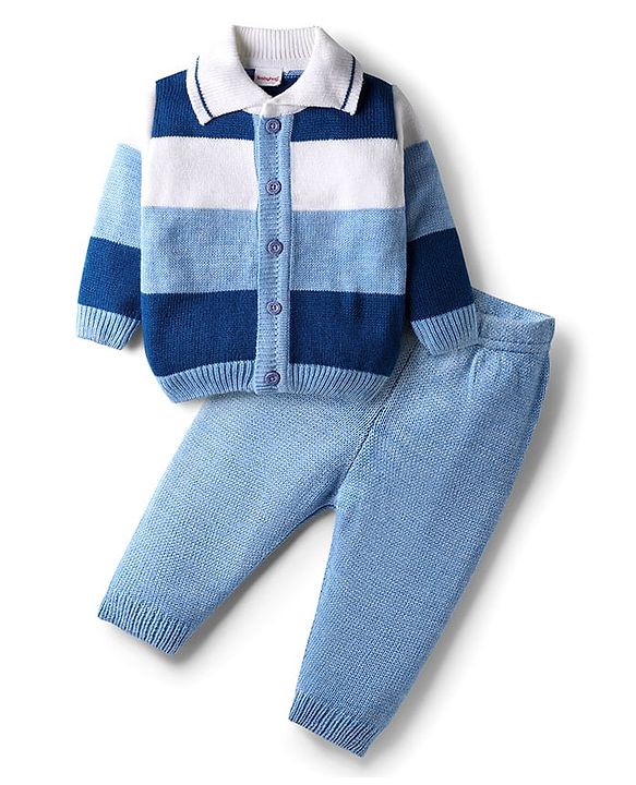 Babyhug Knit Full Sleeves Front Open Sweater Set With Collar Neck & Stripes - Multi Colour