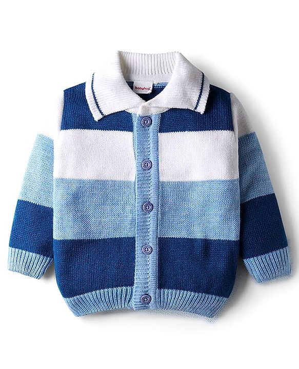 Babyhug Knit Full Sleeves Front Open Sweater Set With Collar Neck & Stripes - Multi Colour